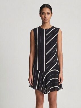 Camilla And Mark Sz 8 Navy Strip Asymmetrical Open Back Mini Dress
